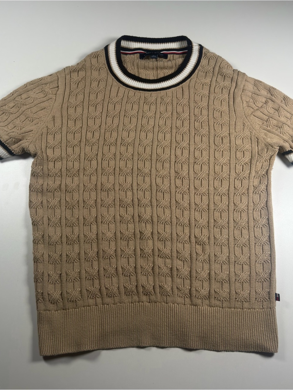 Tommy Hilfiger Beige Short Sleeve Cable Knit polo Unisex (Women XL/Men S)